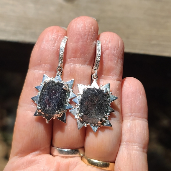 Rutilated quartz sterling SUNburst earrings - Picture 5 of 8